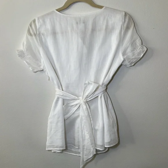 J. Crew White Wrap Blouse with Cuffed Sleeves Linen like - Picture 5 of 9
